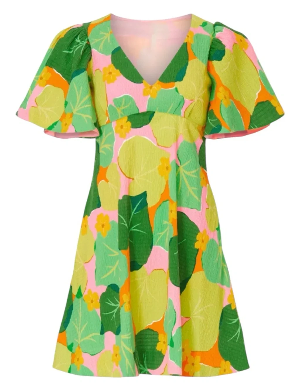 Kate Spade New York Cucumber Floral Pink Green V Neck Flutter Sleeve Mini Dress